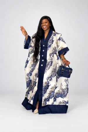 Navy and White Print Bubu Kaftan